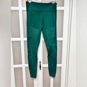 Alo Yoga Moto Leggings Green High Waist Ribbed Panel Athletic Size S